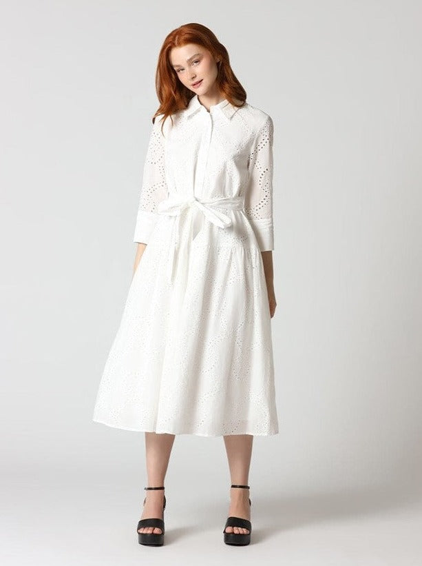 Eyelet Sleeve Shirt Dress With Waist Ribbon Leeba Eyelet Sleeve Shirt Dress With Waist Ribbon Leeba