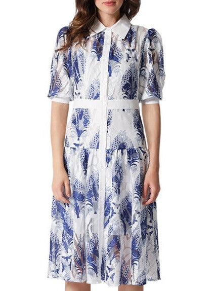 Printed Button Down Blue/White Shirt Dress