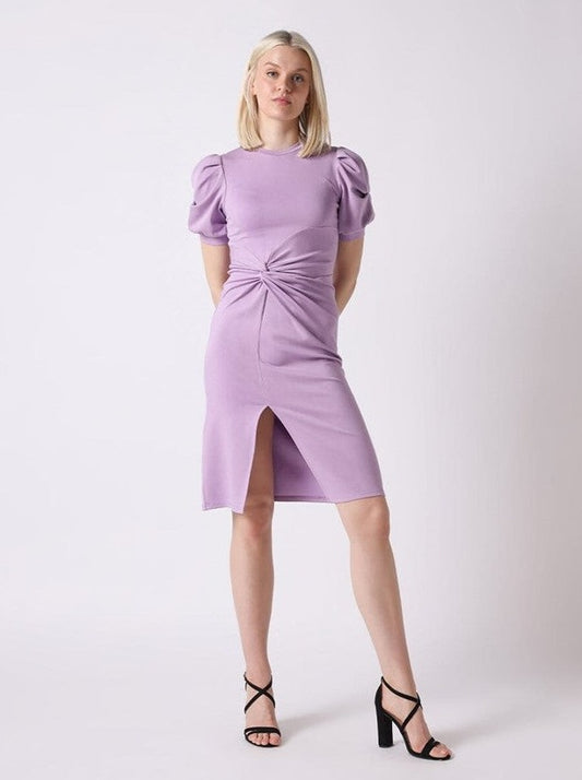 Puff Shoulder Sleeve Tight Center Leg Slit Dress