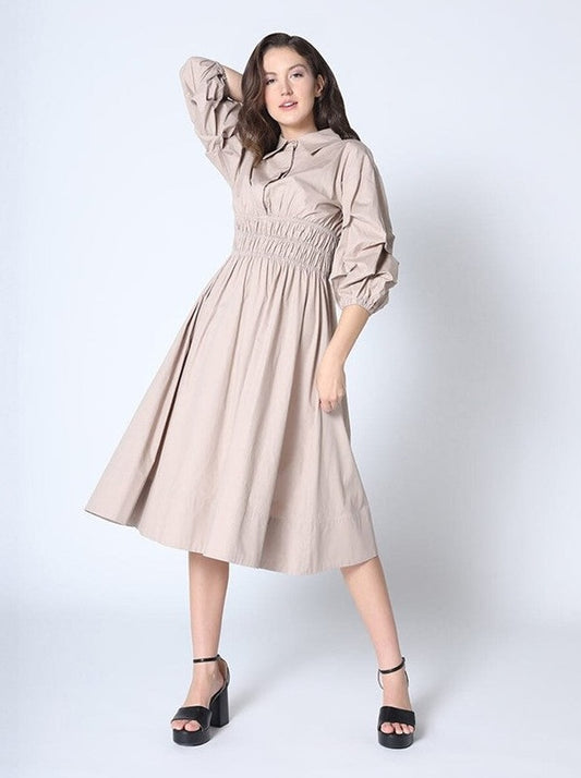 Ruched Puff Sleeve & Waist A Line Midi Dress